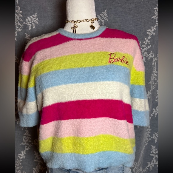 Wrangler Barbie Fuzzy Striped Sweater Pastel Colorblock Short Sleeve Top XL - Picture 2 of 5